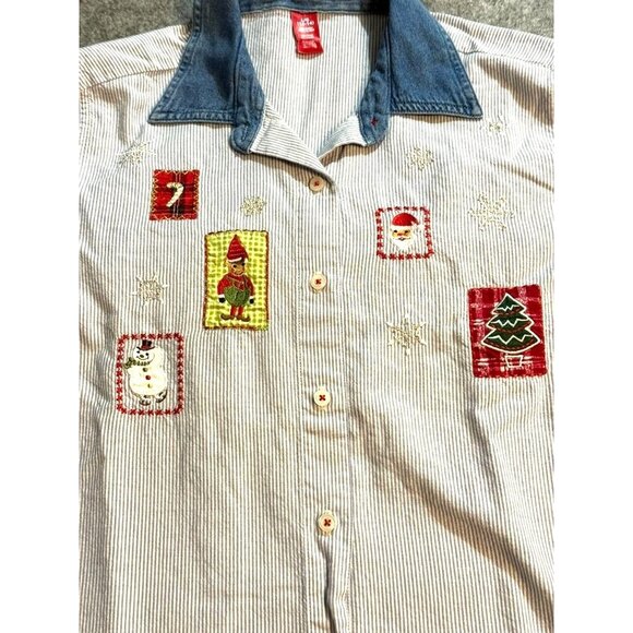 Womens L/G Christmas Button-Up Shirt With Denim Collar Striped Pattern Christmas - Picture 2 of 4